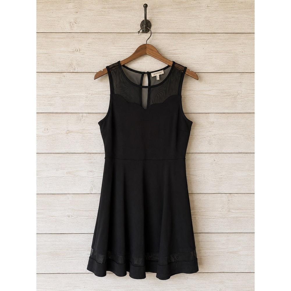 Monteau Skater Dress Black Mesh Yoke Scalloped Neck Size M
